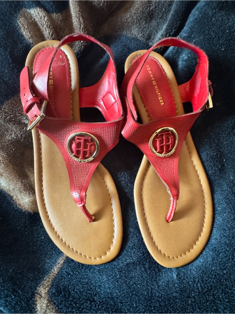 Tommy Hilfiger Red Leather T-Strap Sandals with Gold Logo